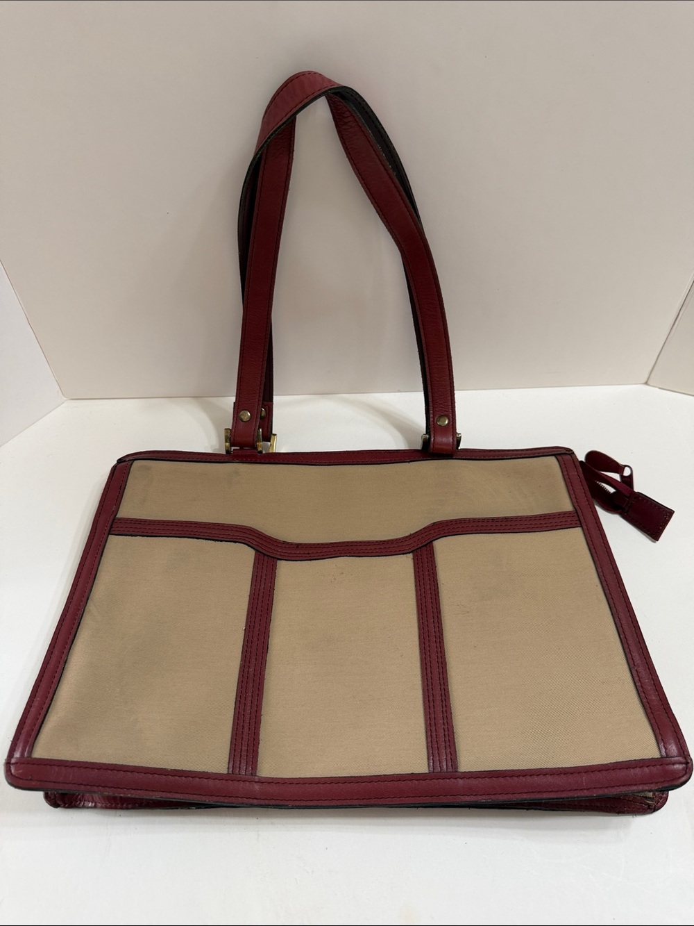 Women’s Vintage Canvas and Burgundy Leather Trim Tote Bag Made in Korea